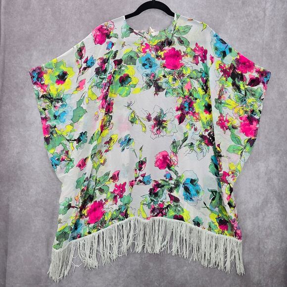 OP White Floral Fringe Boho Beach Swim Cover Up Duster Kimono XL Extra Large - Picture 2 of 6